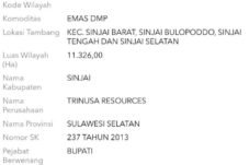 Rencana konsesi tambang mencakup empat kecamatan, mulai di Kecamatan Sinjai Barat, Bulupoddo, Sinjai Tengah, dan Sinjai Selatan dengan luas 11.326 hektare