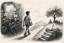 Yang Sering Kita Abaikan Bernama "Literasi" (Foto Hitam Putih seorang anak remaja sedang berjalan - ©InsertRakyat-Elipsis-sub-sup).