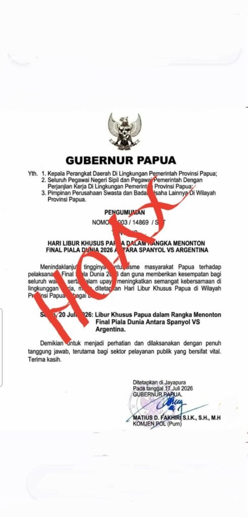 Foto surat yang beredar di media sosial tentang penetapan Hari Libur Khusus Papua untuk final Piala Dunia 2026 telah diberi cap "HOAKS" oleh Kemendagri sebagai klarifikasi kepada masyarakat. Foto diterima InsertRakyat.com dari Kapuspen Kemendagri Benni Irwan, Ahad (19/7/2026).