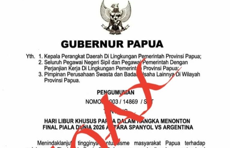 Surat yang mengatasnamakan Gubernur Papua terkait libur khusus untuk final Piala Dunia 2026 dipastikan hoaks. Kemendagri memberi cap "HOAKS" pada dokumen tersebut sebagai bentuk klarifikasi.