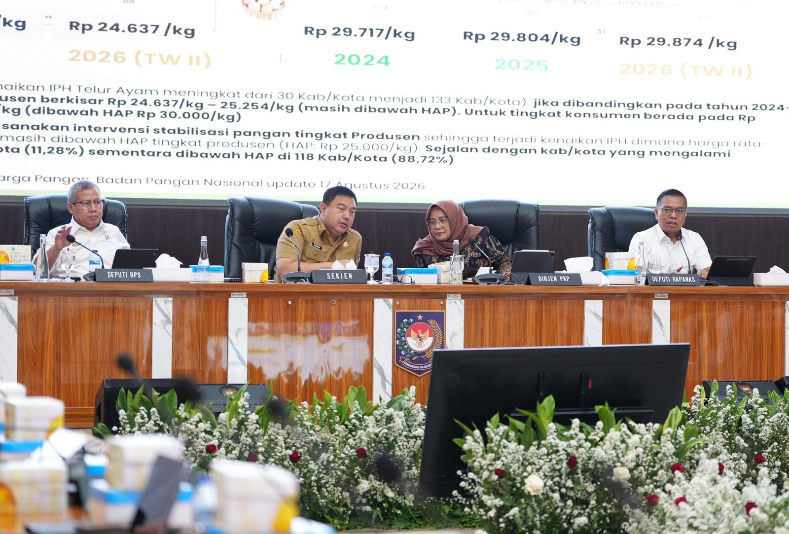 Sekjen Kemendagri Tomsi Tohir memimpin rapat koordinasi pengendalian inflasi daerah di Jakarta, Selasa (18/8/2026), dengan pembahasan kenaikan harga beras di sejumlah daerah. Foto: Puspen Kemendagri.