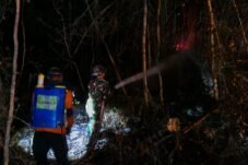 Petugas memadamkan kebakaran lahan di Gunung Gandul, Wonogiri.
