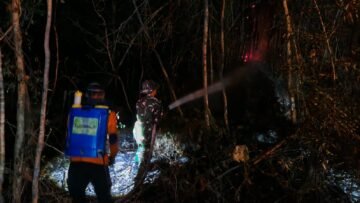 Petugas memadamkan kebakaran lahan di Gunung Gandul, Wonogiri.