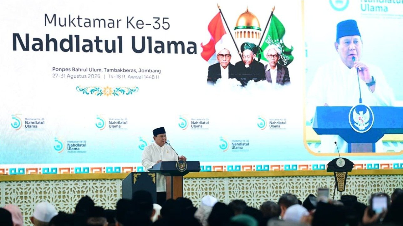 Presiden Prabowo Subianto menyampaikan kebijakan pendidikan saat Muktamar ke-35 NU di Jombang.