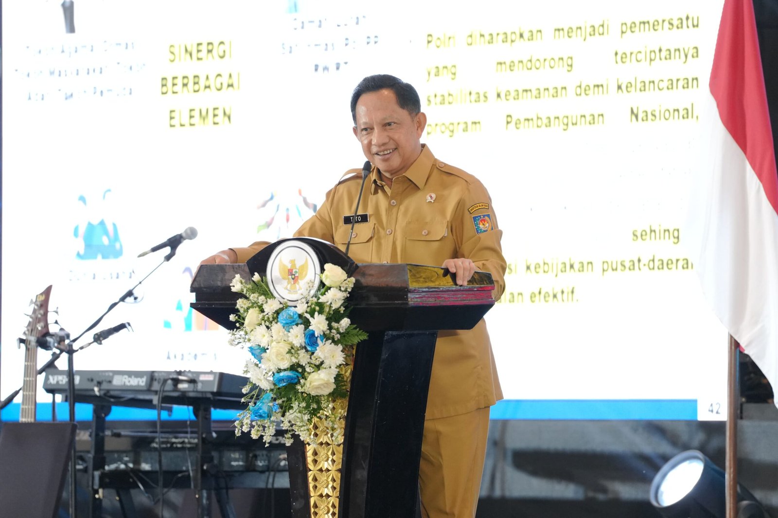 Home Affairs Minister Tito Karnavian speaks at the National Dialogue of the Police Leadership School (Sespim Lemdiklat Polri) at Tribrata Convention Center Dharmawangsa, Jakarta, Monday (August 31, 2026).