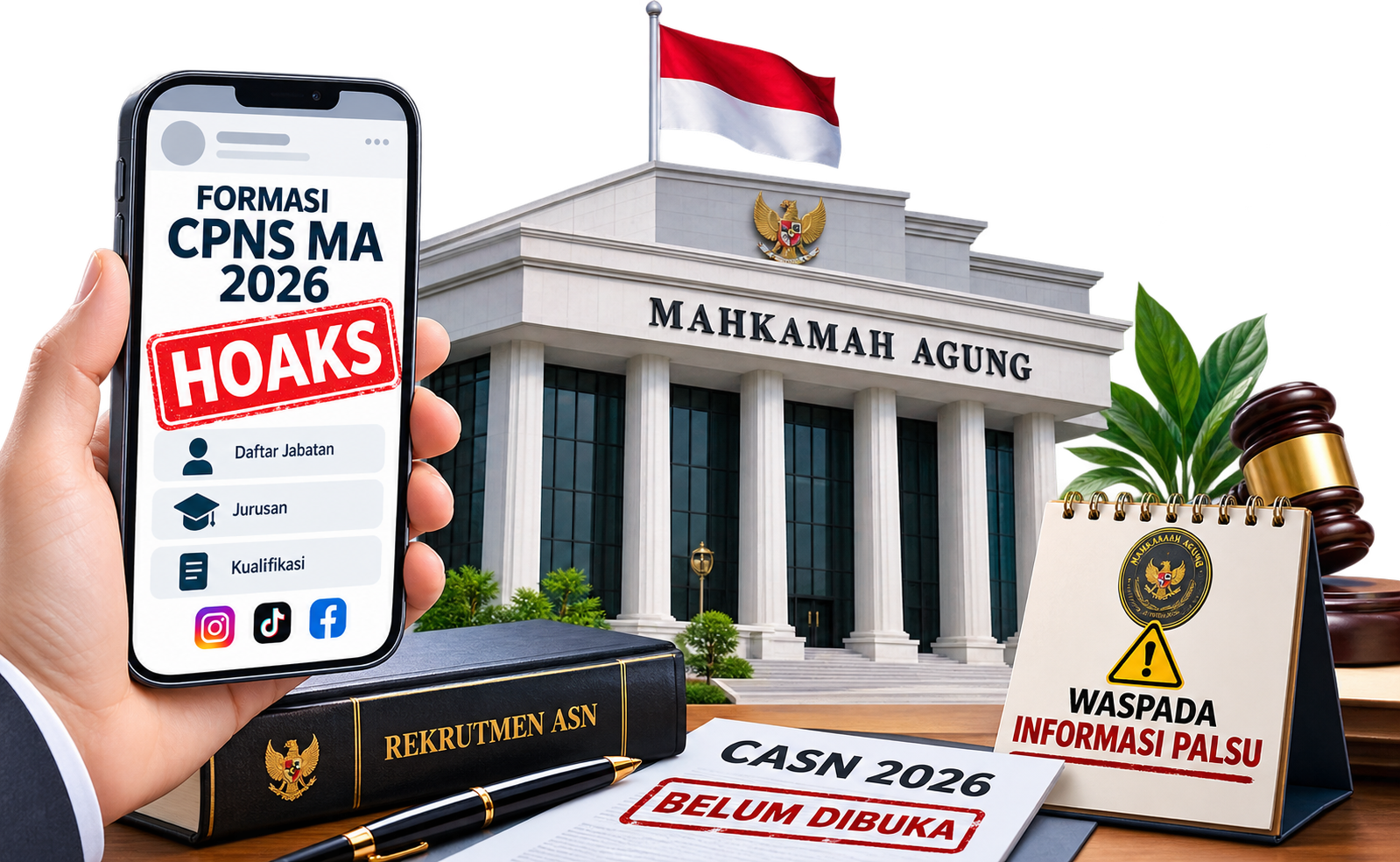 Ilustrasi Mahkamah Agung dan informasi seleksi CASN 2026 yang belum dibuka.