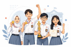 Ilustrasi siswa SMA berseragam putih abu-abu merayakan prestasi dengan membawa medali, piala, dan sertifikat.