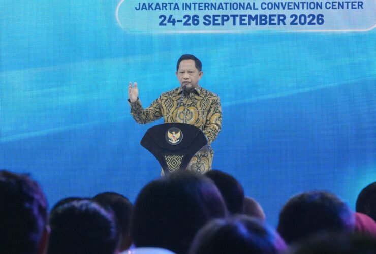 Menteri Dalam Negeri Muhammad Tito Karnavian saat menyampaikan arahan pada kegiatan FEKDI x IFSE 2026 dan Rakornas Pengendalian Inflasi serta P2DD 2026 di Jakarta, Kamis (24/9/2026).