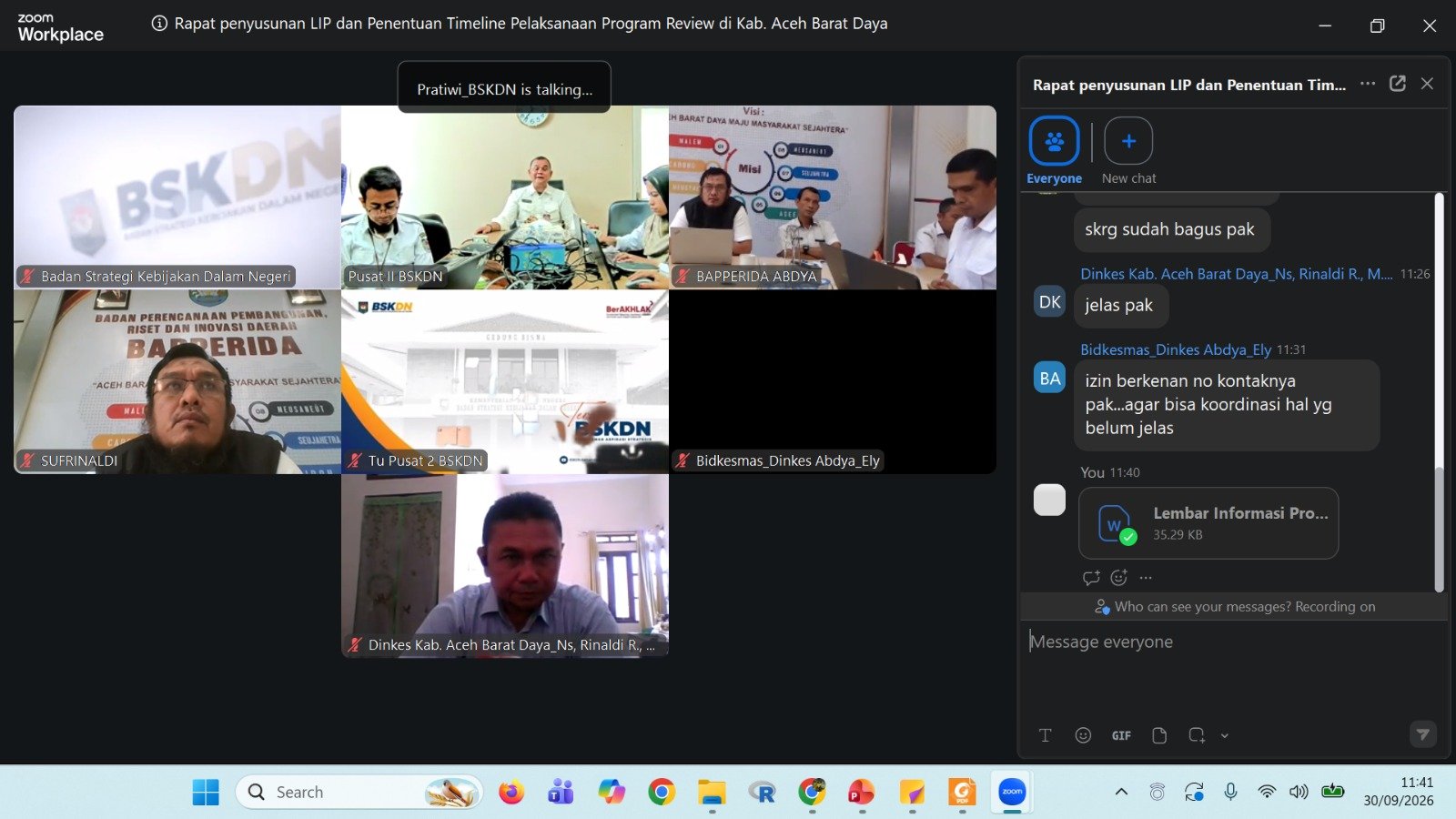 Keterangan Foto Istimewa : Rapat daring Pemerintah Kabupaten Aceh Barat Daya bersama BSKDN Kemendagri membahas penyusunan LIP dan timeline Program Review Doto Saweu Ureung Gampong serta Doto Saweu Sikula, Rabu (30/9/2026).