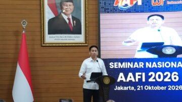 Wakil Menteri Dalam Negeri Akhmad Wiyagus saat menjadi narasumber dalam Seminar Nasional AAFI Tahun 2026 di Jakarta, Rabu (21/10/2026).