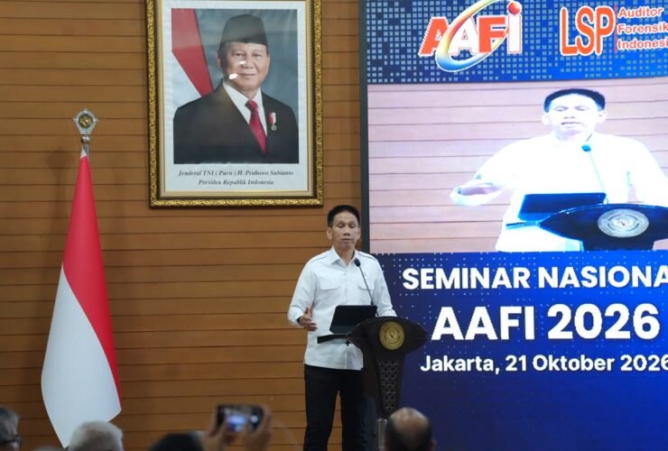 Wakil Menteri Dalam Negeri Akhmad Wiyagus saat menjadi narasumber dalam Seminar Nasional AAFI Tahun 2026 di Jakarta, Rabu (21/10/2026).