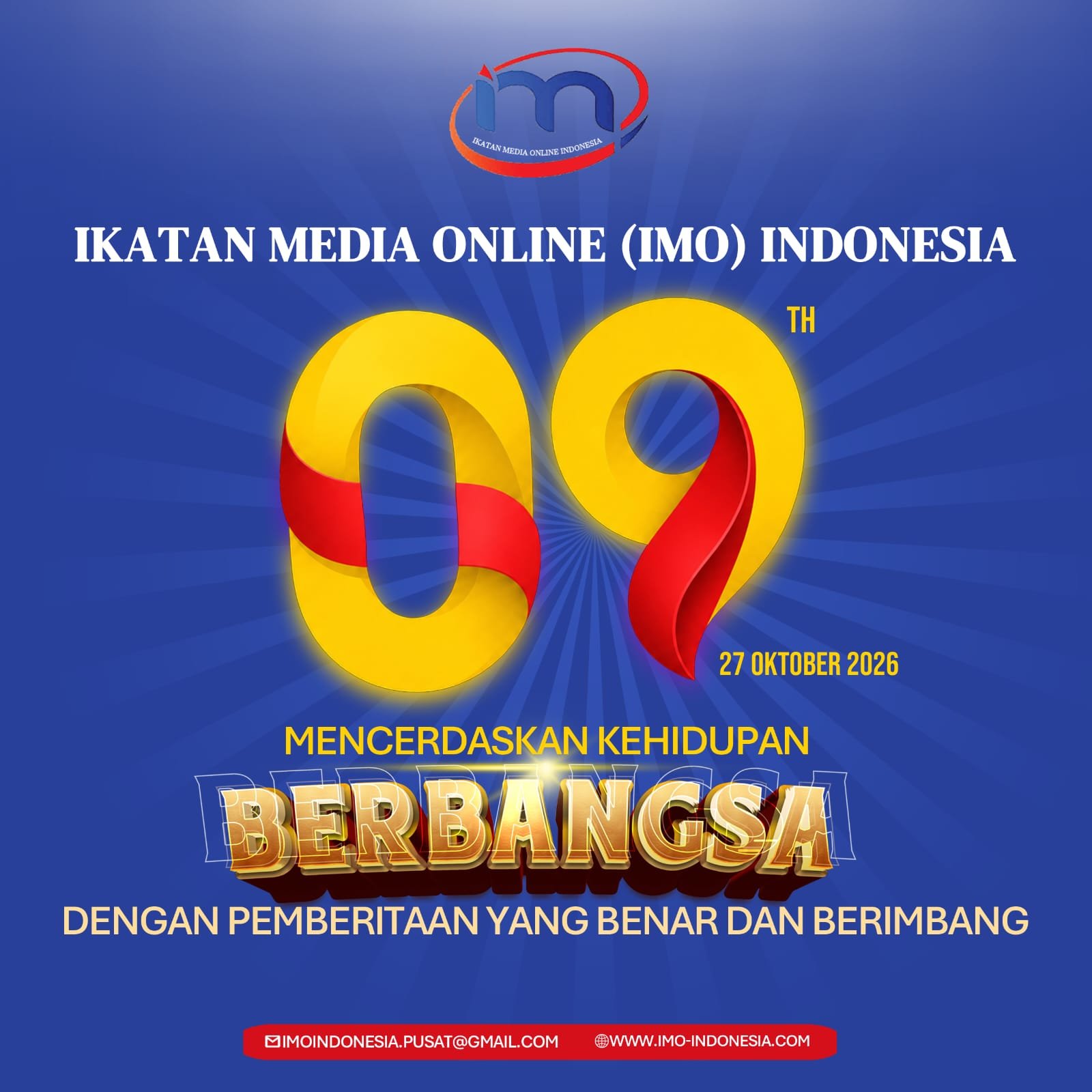 Poster peringatan HUT ke-9 IMO-Indonesia, 27 Oktober 2026, mengusung tema “Mencerdaskan Kehidupan Berbangsa dengan Pemberitaan yang Benar dan Berimbang”.