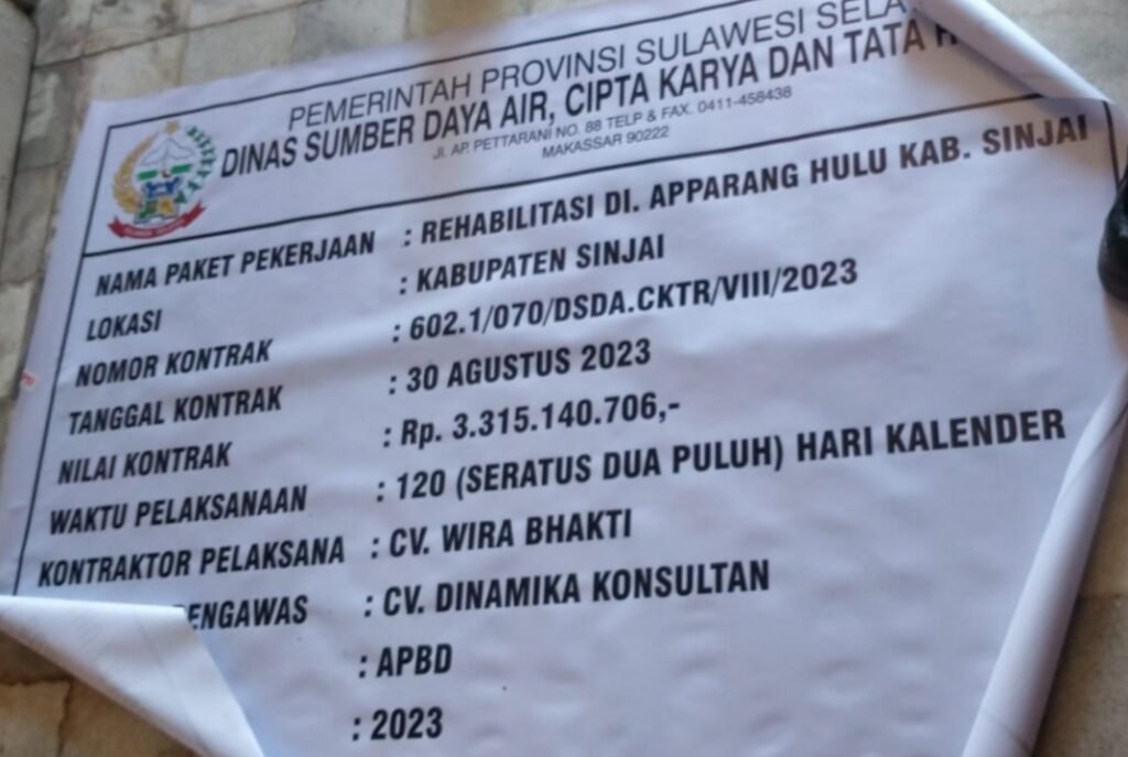 Papan proyek Rehabilitasi DI Apparang Hulu, Kabupaten Sinjai, dengan nilai kontrak Rp3,315 miliar dari APBD 2023.