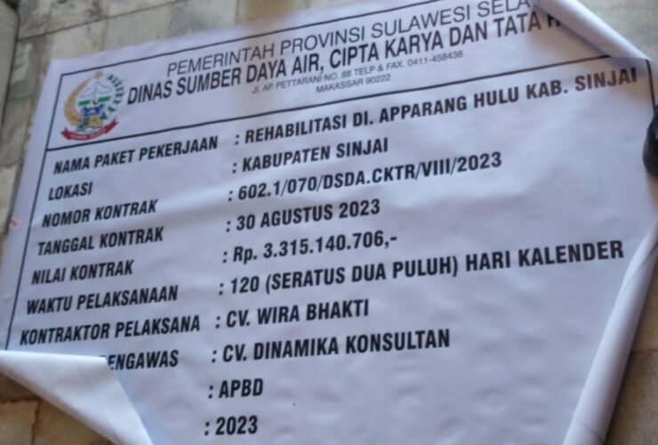 Papan proyek Rehabilitasi DI Apparang Hulu, Kabupaten Sinjai, dengan nilai kontrak Rp3,315 miliar dari APBD 2023.