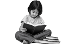 Anak membaca buku dengan tumpukan buku di sampingnya sebagai ilustrasi budaya literasi dan akses pengetahuan.