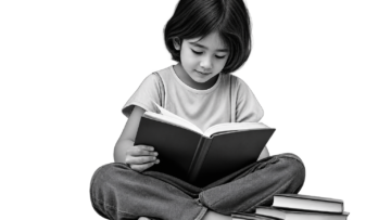 Anak membaca buku dengan tumpukan buku di sampingnya sebagai ilustrasi budaya literasi dan akses pengetahuan.
