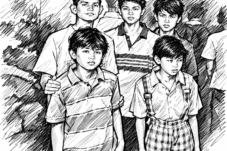 Sketsa hitam putih sekelompok remaja dengan gaya gambar goresan pena, menghadirkan suasana nostalgia kehidupan masa lalu.
