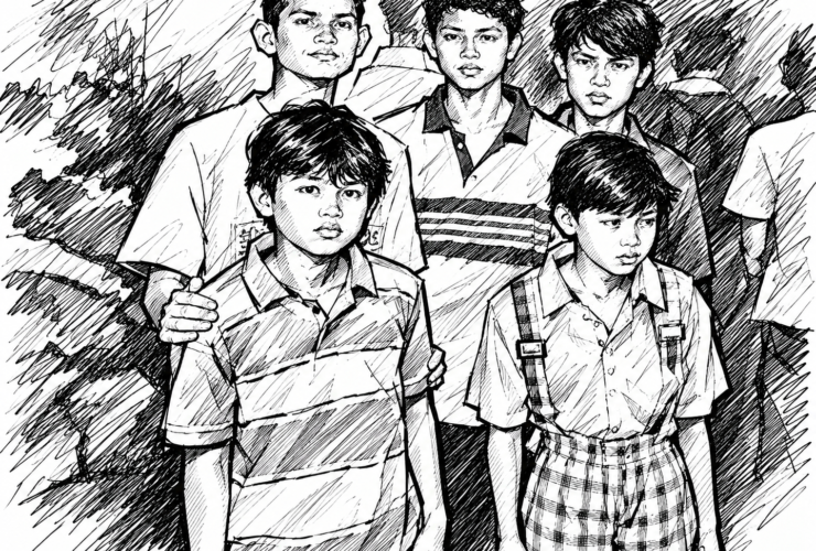 Sketsa hitam putih sekelompok remaja dengan gaya gambar goresan pena, menghadirkan suasana nostalgia kehidupan masa lalu.
