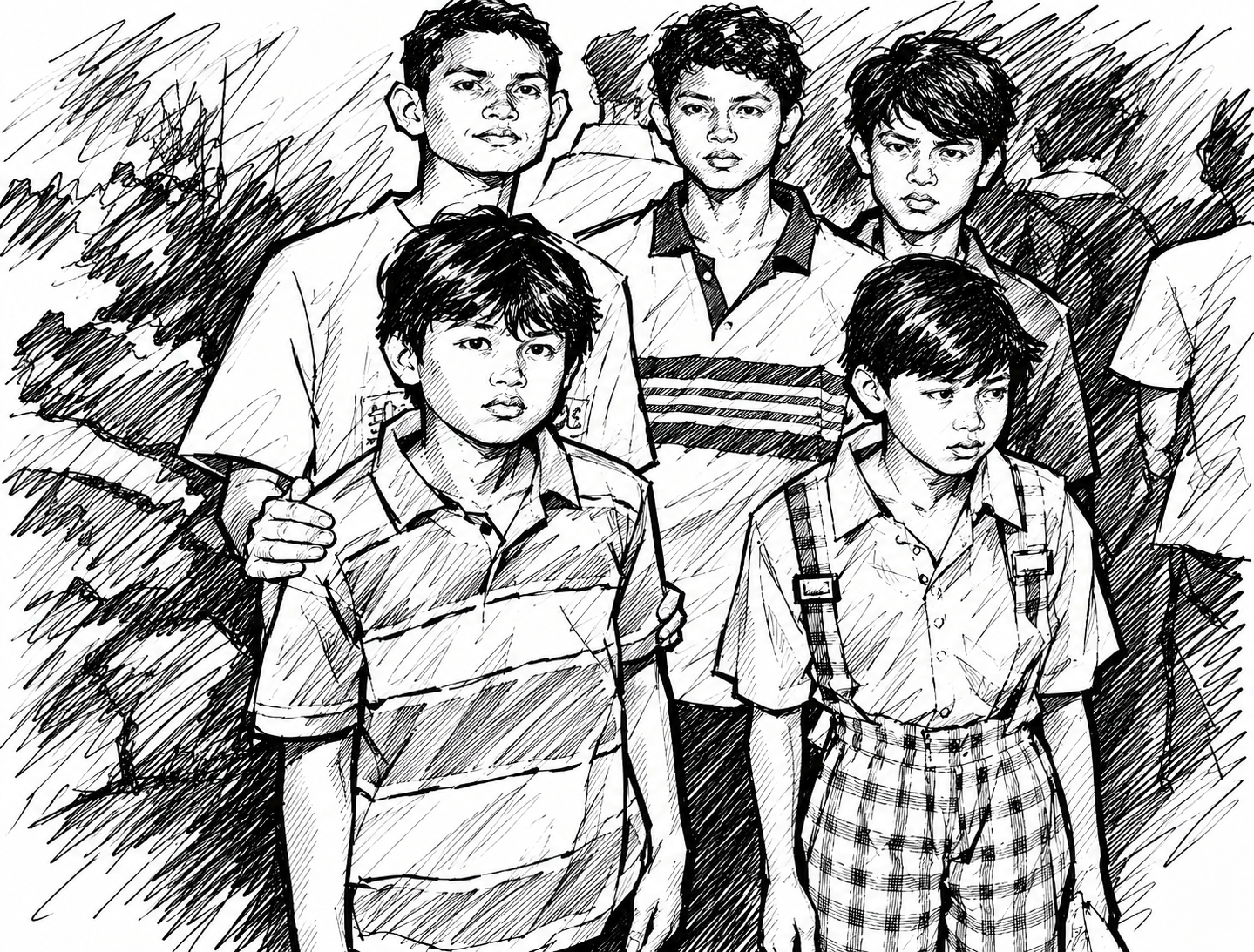 Sketsa hitam putih sekelompok remaja dengan gaya gambar goresan pena, menghadirkan suasana nostalgia kehidupan masa lalu.