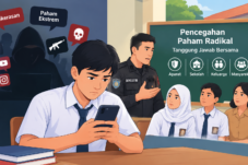 Ilustrasi pencegahan paham ekstrem pada pelajar melalui edukasi digital dan kolaborasi Densus 88, sekolah, keluarga, dan masyarakat.