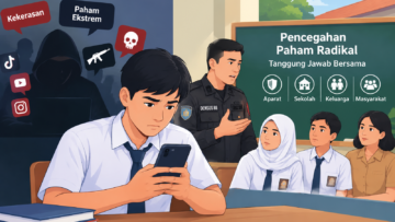 Ilustrasi pencegahan paham ekstrem pada pelajar melalui edukasi digital dan kolaborasi Densus 88, sekolah, keluarga, dan masyarakat.