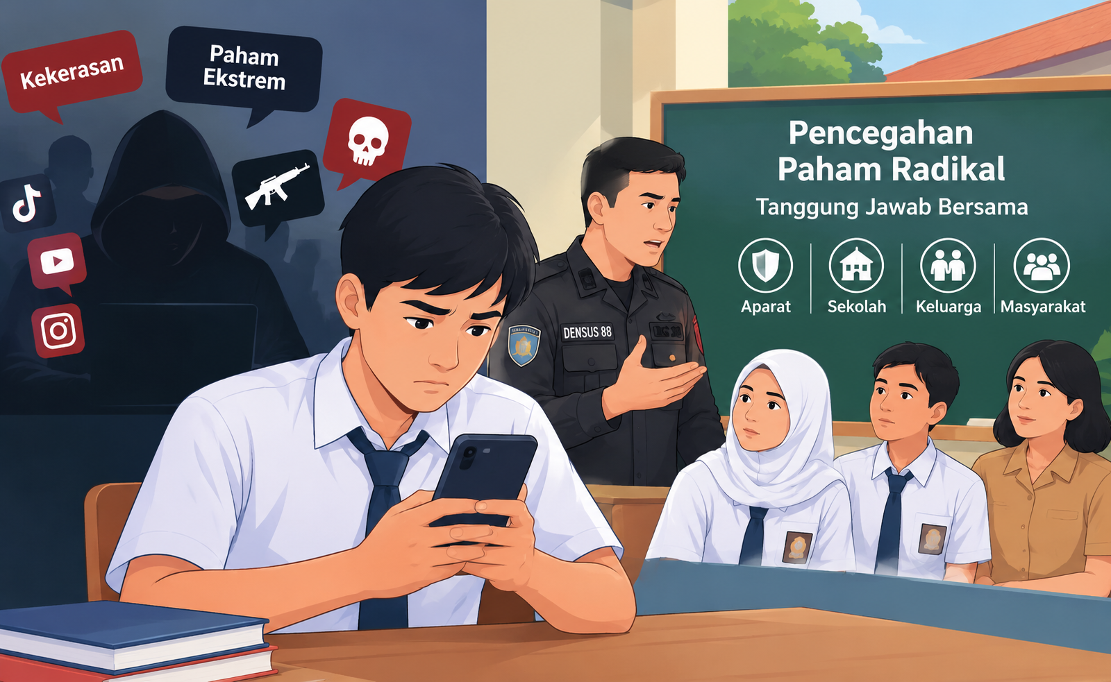 Ilustrasi pencegahan paham ekstrem pada pelajar melalui edukasi digital dan kolaborasi Densus 88, sekolah, keluarga, dan masyarakat.